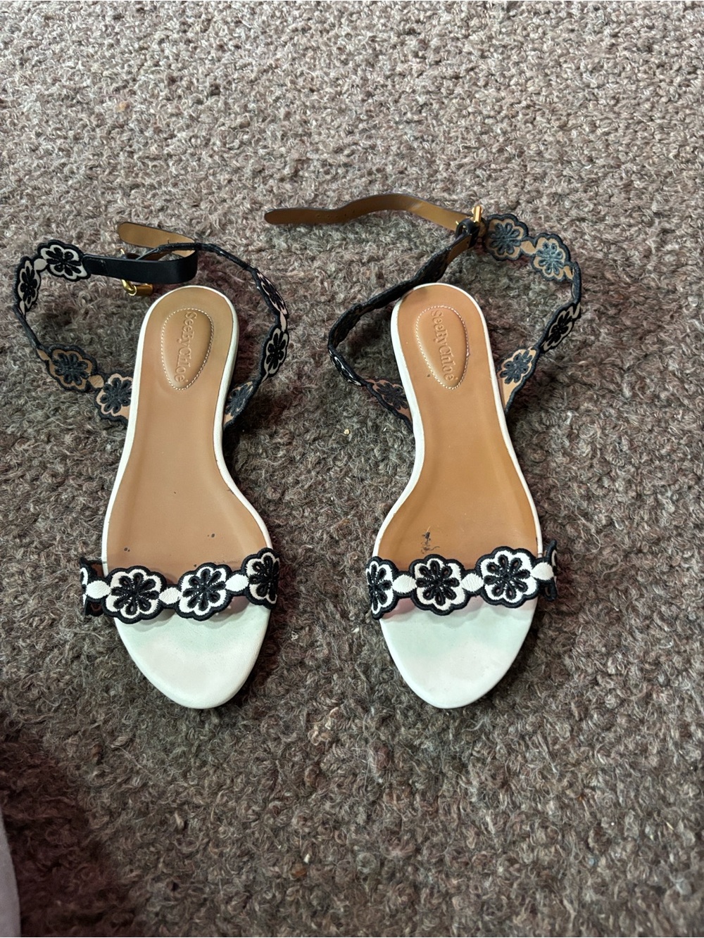 See By Chloe White Floral Ankle-Strap Sandals with Black Trim